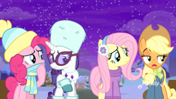 Size: 1920x1080 | Tagged: safe, imported from derpibooru, screencap, applejack, fluttershy, pinkie pie, rarity, earth pony, pegasus, pony, unicorn, best gift ever, clothes, cute, earmuffs, female, glasses, hat, mare, scarf, snow, sweater