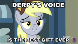 Size: 960x540 | Tagged: safe, edit, edited screencap, imported from derpibooru, screencap, derpy hooves, pony, best gift ever, female, hat, image macro, lidded eyes, mailmare hat, mare, meme, solo, text