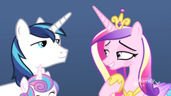 Size: 1920x1080 | Tagged: safe, imported from derpibooru, screencap, princess cadance, princess flurry heart, shining armor, alicorn, pony, unicorn, best gift ever, blushing, duo, female, flirting, hoof shoes, jewelry, male, mare, regalia, shiningcadance, shipping, stallion, straight, tiara