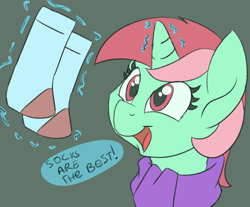 Size: 1000x829 | Tagged: safe, artist:lockhe4rt, imported from derpibooru, minty, pony, unicorn, clothes, dialogue, female, g3, g4, magic, mare, race swap, smiling, socks, solo, that pony sure does love socks, unicorn minty