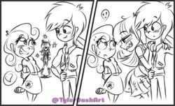 Size: 540x329 | Tagged: safe, artist:tylerdashart, imported from derpibooru, rainbow dash, sweetie belle, twilight sparkle, equestria girls, black and white, female, grayscale, heart, implied sweetiedash, jealous, lesbian, monochrome, shipping, shipping denied, twidash