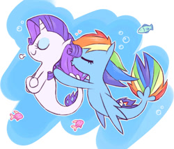Size: 996x857 | Tagged: safe, artist:raridashdoodles, imported from derpibooru, rainbow dash, rarity, fish, pegasus, seapony (g4), unicorn, my little pony: the movie, bubble, eyes closed, female, fin wings, fins, fish tail, flowing mane, flowing tail, horn, kissing, lesbian, ocean, raridash, seaponified, seapony rainbow dash, seapony rarity, shipping, smiling, species swap, tail, underwater, water, wings