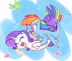 Size: 963x819 | Tagged: safe, artist:raridashdoodles, imported from derpibooru, rainbow dash, rarity, fish, pegasus, seapony (g4), unicorn, my little pony: the movie, bubble, eyes closed, female, fin wings, fins, fish tail, flowing mane, flowing tail, horn, laughing, lesbian, mare, ocean, open mouth, open smile, raridash, seaponified, seapony rainbow dash, seapony rarity, shipping, smiling, species swap, tail, tickling, underwater, water, wings