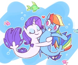 Size: 992x833 | Tagged: safe, artist:raridashdoodles, imported from derpibooru, rainbow dash, rarity, fish, pegasus, seapony (g4), unicorn, my little pony: the movie, blue mane, blushing, bubble, dorsal fin, eyes closed, eyeshadow, female, fin wings, fins, fish tail, flowing mane, flowing tail, heart, horn, hug, lesbian, makeup, ocean, raridash, seaponified, seapony rainbow dash, seapony rarity, shipping, smiling, species swap, tail, teeth, underwater, water, wings