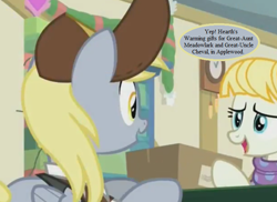 Size: 704x512 | Tagged: safe, edit, edited screencap, imported from derpibooru, screencap, derpy hooves, summer breeze, pony, best gift ever, my little pony tales, clock, cropped, dialogue, female, friendship student, g1, g1 to g4, g4, generation leap, hat, implied cheval, implied chevalark, implied meadowlark, implied shipping, implied straight, mailmare hat, mare, parcel, speech bubble