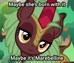 Size: 1214x1024 | Tagged: safe, edit, edited screencap, imported from derpibooru, screencap, cinder glow, summer flare, kirin, pony, sounds of silence, background kirin, cinderbetes, commercial, cropped, cute, daaaaaaaaaaaw, female, inverted mouth, maybelline (brand), ponified, smiling, solo, text