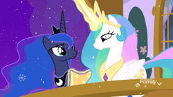 Size: 1920x1080 | Tagged: safe, imported from derpibooru, screencap, princess celestia, princess luna, alicorn, pony, best gift ever, balcony, blanket, cute, cutelestia, discovery family logo, duo, duo female, ethereal mane, female, glowing horn, jewelry, looking at each other, lunabetes, magic, magic aura, mare, momlestia fuel, night, peytral, plant, regalia, royal sisters, sibling love, siblings, sisterly love, sisters, smiling, snow, snowfall, snowflake, starry mane, telekinesis