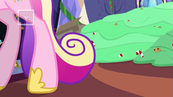 Size: 855x481 | Tagged: safe, imported from derpibooru, screencap, princess cadance, pony, best gift ever, candy, candy cane, cookie, food, hind legs, hoof shoes, hooves, legs, pictures of legs, pudding, puddinghead's pudding, solo, tv rating, tv-y