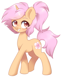 Size: 1651x2030 | Tagged: safe, artist:hawthornss, imported from derpibooru, oc, oc only, oc:iris, pony, unicorn, cute, flower, looking at you, ponytail, simple background, smiling, solo, transparent background, walking