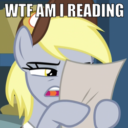 Size: 500x500 | Tagged: safe, edit, edited screencap, imported from derpibooru, screencap, derpy hooves, pegasus, pony, best gift ever, caption, cropped, female, hat, hoof hold, image macro, impact font, mailmare, mailmare hat, mare, meme, open mouth, reaction image, reading, squint, text, what the fuck am i reading