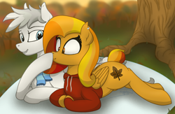 Size: 1584x1031 | Tagged: safe, artist:soctavia, imported from derpibooru, oc, oc only, oc:autumn ember, oc:winter stripes, pegasus, pony, autumn, blanket, boop, clothes, cuddling, cute, female, hoodie, lying down, male, oc x oc, picnic, scarf, scrunchy face, shipping, surprised, tree