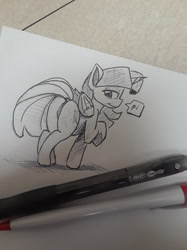 Size: 1280x1707 | Tagged: safe, artist:post-it, imported from derpibooru, twilight sparkle, alicorn, pony, butt, featureless crotch, female, ink drawing, inktober, looking back, mare, misleading thumbnail, monochrome, pen, plot, raised hoof, simple background, sketch, smiling, traditional art, twibutt, twilight sparkle (alicorn), white background