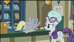 Size: 1280x720 | Tagged: safe, imported from derpibooru, screencap, derpy hooves, rarity, pegasus, pony, unicorn, best gift ever, discovery family logo, duo, female, glasses, hat, mare, post office, spread wings, wings