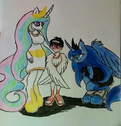 Size: 926x960 | Tagged: safe, imported from derpibooru, princess celestia, princess luna, anthro, traditional art