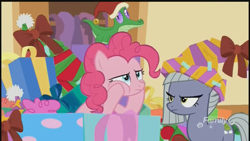 Size: 1280x720 | Tagged: safe, imported from derpibooru, screencap, limestone pie, pinkie pie, alligator, earth pony, pony, best gift ever, christmas, decoration, discovery family logo, female, hat, holiday, limestone is not amused, limestone pie is not amused, male, mare, santa hat, sisters, unamused