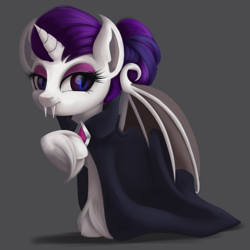 Size: 4092x4092 | Tagged: safe, artist:ailatf, imported from derpibooru, rarity, alicorn, bat pony, bat pony alicorn, pony, absurd resolution, bat ponified, cloak, clothes, fangs, female, gray background, mare, race swap, simple background, solo, unshorn fetlocks