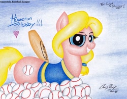 Size: 2155x1690 | Tagged: safe, artist:thechrispony, imported from derpibooru, oc, oc only, oc:sugar slugger, earth pony, pony, baseball, baseball bat, female, looking at you, mare, solo, sports, traditional art