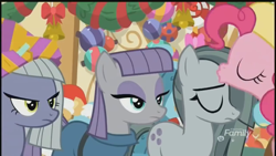 Size: 1280x720 | Tagged: safe, imported from derpibooru, screencap, limestone pie, marble pie, maud pie, pinkie pie, earth pony, pony, best gift ever, decoration, discovery family logo, eyes closed, female, forehead kiss, kissing, mare, pie sisters, platonic kiss, siblings, sisters