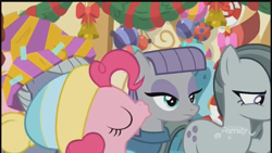 Size: 1280x720 | Tagged: safe, imported from derpibooru, screencap, limestone pie, marble pie, maud pie, pinkie pie, earth pony, pony, best gift ever, cheek kiss, decoration, discovery family logo, eyes closed, female, hat, kiss on the cheek, kissing, mare, maud being maud, pie sisters, platonic kiss, siblings, sisters