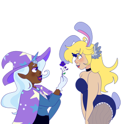 Size: 1280x1310 | Tagged: safe, artist:cubbybatdoodles, imported from derpibooru, derpy hooves, ditzy doo, trixie, human, bunny suit, clothes, dark skin, female, flower, humanized, lesbian, shipping, simple background, transparent background, tripy, wing ears