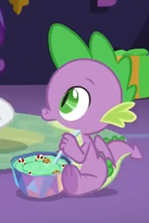 Size: 277x412 | Tagged: safe, imported from derpibooru, screencap, spike, dragon, best gift ever, bowl, claws, cropped, food, male, pudding, puddinghead's pudding, solo, spoon, tail, winged spike, wings