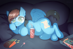 Size: 3000x2000 | Tagged: safe, artist:detectiveneko, imported from derpibooru, oc, oc only, oc:blue scroll, pegasus, pony, chubby, coca-cola, couch, female, fluffy, food, french fries, goggles, mare, mcdonald's, pizza, prone, smiling, soda, solo, tongue out