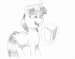 Size: 1475x1164 | Tagged: safe, artist:saturdaymorningproj, imported from derpibooru, twilight sparkle, alicorn, pony, best gift ever, book, crazy face, faic, female, insanity, laughing, laughing mad, magic, mare, monochrome, sketch, solo, telekinesis, traditional art, twilight snapple, twilight sparkle (alicorn), twilynanas