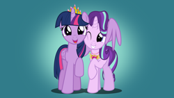 Size: 5742x3230 | Tagged: safe, artist:jhayarr23, imported from derpibooru, starlight glimmer, twilight sparkle, alicorn, pony, unicorn, father knows beast, best friends, cheek squish, crown, cute, daaaaaaaaaaaw, duo, duo female, equestrian pink heart of courage, female, glimmerbetes, grin, horn, hug, jewelry, mare, new crown, one eye closed, open mouth, regalia, simple background, smiling, squishy cheeks, twiabetes, twilight sparkle (alicorn), wing hands, winghug, wings