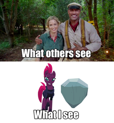 Size: 700x754 | Tagged: safe, imported from derpibooru, tempest shadow, tom, human, pony, unicorn, my little pony: the movie, dwayne johnson, emily blunt, image macro, jungle cruise, meme, name joke, text, the rock, voice actor joke