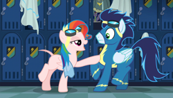 Size: 1920x1080 | Tagged: safe, edit, edited edit, edited screencap, editor:slayerbvc, imported from derpibooru, screencap, rainbow dash, soarin', pegasus, pony, newbie dash, alternate hairstyle, bomber jacket, casual nudity, clothed male nude female, clothes, female, flirting, furless, furless edit, goggles, jacket, locker room, lockers, male, mare, nude edit, nudity, plucked wings, rainbow fash, raised hoof, shaved, shaved tail, squishy chest, stallion, towel, uniform, wonderbolts uniform