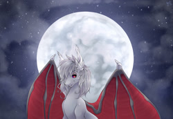 Size: 2107x1446 | Tagged: safe, artist:kindly-fox, imported from derpibooru, oc, oc only, oc:bathory, bat pony, pony, bat pony oc, bust, female, full moon, mare, moon, night, red eyes, smiling, solo, spread wings, stars, wings