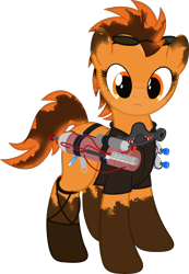 Size: 4000x5772 | Tagged: safe, artist:waveywaves, imported from derpibooru, oc, oc only, oc:tey, earth pony, pony, amputee, dirty, female, flamethrower, gas mask, gas tank, goggles, grease, mare, mask, oxygen tank, prosthetic limb, prosthetics, simple background, solo, transparent background, weapon