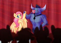 Size: 4900x3500 | Tagged: safe, artist:compassrose0425, artist:inkwellartz, imported from derpibooru, fluttershy, iron will, minotaur, pegasus, pony, putting your hoof down, audience, eyes closed, female, high res, male, mare, scene interpretation, smiling