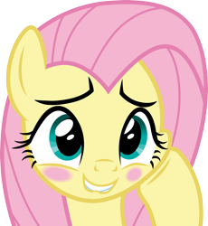 Size: 3000x3260 | Tagged: safe, artist:cloudy glow, artist:cloudyglow, imported from derpibooru, fluttershy, pony, best gift ever, blushing, bust, cute, female, mare, portrait, shyabetes, simple background, smiling, solo, transparent background, vector