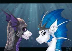 Size: 1502x1068 | Tagged: safe, artist:kindly-fox, imported from derpibooru, oc, oc only, oc:knight light, pony, sea pony, bust, commission, crown, duo, helmet, jewelry, portrait, regalia