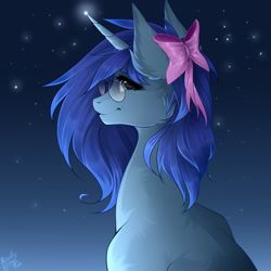 Size: 2500x2500 | Tagged: safe, artist:kindly-fox, imported from derpibooru, oc, oc only, oc:save state, pony, unicorn, bow, bust, digital art, female, glasses, hair bow, high res, mare, night, night sky, signature, sky, smiling, solo, stars, ych result