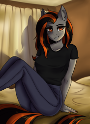 Size: 1900x2600 | Tagged: safe, artist:serodart, imported from derpibooru, oc, oc only, anthro, anthro oc, bed, bedroom eyes, clothes, curtains, ear fluff, female, high res, jeans, looking at you, mare, nail polish, pants, shirt, sitting, solo