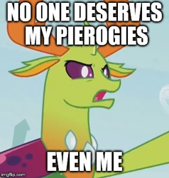 Size: 357x375 | Tagged: safe, edit, edited screencap, imported from derpibooru, screencap, thorax, changedling, changeling, triple threat, angry, antlers, caption, cropped, forced meme, image macro, imgflip, king thorax, meme, pierogi, text