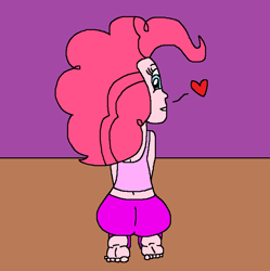 Size: 748x752 | Tagged: safe, artist:logan jones, imported from derpibooru, pinkie pie, human, equestria girls, ass, balloonbutt, barefoot, behind, butt, clothes, feet, female, heart, looking at you, looking back, pants, soles, sweatpants, tanktop, toes