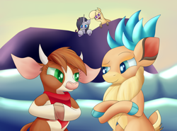 Size: 2300x1700 | Tagged: safe, artist:huffy26, imported from derpibooru, arizona cow, oleander, paprika paca, velvet reindeer, alpaca, classical unicorn, cow, deer, reindeer, unicorn, them's fightin' herds, arizona (tfh), cloven hooves, crossed hooves, female, leonine tail, oleander (tfh), paprika (tfh), smiling, unshorn fetlocks, velvet (tfh)