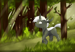 Size: 5134x3564 | Tagged: safe, artist:jayliedoodle, imported from derpibooru, oc, oc only, oc:frederick, changeling, commission, crepuscular rays, forest, forest background, fully shaded, peaceful, solo, sunlight, sunny, tree