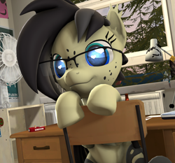 Size: 2314x2160 | Tagged: safe, artist:snek, imported from derpibooru, oc, oc only, oc:morning melody, bat pony, pony, 3d, blue eyes, brown hair, brown mane, brown tail, chair, clothes, desk, freckles, glasses, scarf, socks, solo, source filmmaker, tail