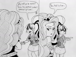 Size: 1280x960 | Tagged: safe, artist:animana21, imported from derpibooru, adagio dazzle, sonata dusk, equestria girls, belt, clothes, comic, dialogue, inktober, inktober 2018, inktober2018, long hair, miniskirt, monochrome, ponytail, skirt, spiked belt, spiked headband, spiked wristband, traditional art, wristband