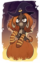 Size: 819x1280 | Tagged: safe, artist:zazush-una, imported from derpibooru, oc, oc only, oc:autumn zazush, pony, clothes, halloween, hat, holiday, pumpkin, socks, solo, striped socks, witch hat