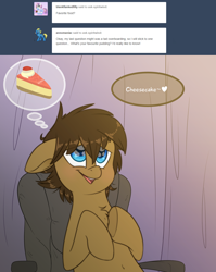 Size: 2000x2510 | Tagged: safe, artist:fluffyxai, imported from derpibooru, oc, oc only, oc:spirit wind, pony, tumblr:ask spirit wind, ask, cake, chair, cheesecake, food, speech bubble, tumblr