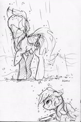 Size: 1651x2469 | Tagged: safe, artist:dilarus, deleted from derpibooru, imported from derpibooru, rainbow dash, pegasus, pony, female, mare, monochrome, rain, simple background, traditional art, wet, white background