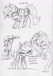 Size: 1684x2399 | Tagged: safe, artist:dilarus, deleted from derpibooru, imported from derpibooru, fluttershy, rainbow dash, pegasus, pony, censored vulgarity, dialogue, female, grawlixes, mare, monochrome, sketch, smoldash, tallershy, traditional art, vulgar