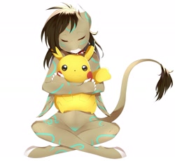 Size: 2994x2757 | Tagged: safe, artist:ariida-chi, imported from derpibooru, oc, oc only, oc:rune, anthro, pegasus, pikachu, child, female, happy, mare, plushie, pokémon, snuggling, solo, wings, young