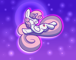 Size: 1280x1008 | Tagged: safe, artist:heir-of-rick, imported from derpibooru, sweetie belle, pony, unicorn, abstract background, eyes closed, female, filly, impossibly long tail, smiling, solo