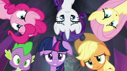 Size: 1280x720 | Tagged: safe, imported from derpibooru, screencap, applejack, fluttershy, pinkie pie, rarity, spike, twilight sparkle, alicorn, dragon, pony, unicorn, school raze, female, floppy ears, looking down, male, mare, twilight sparkle (alicorn)